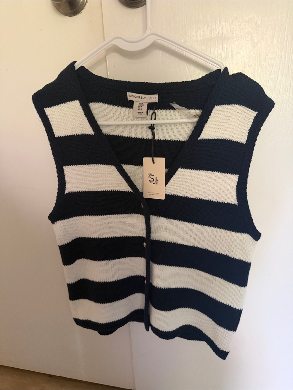 Sincerly Jules Navy and White Striped Knit Button-Front Vest